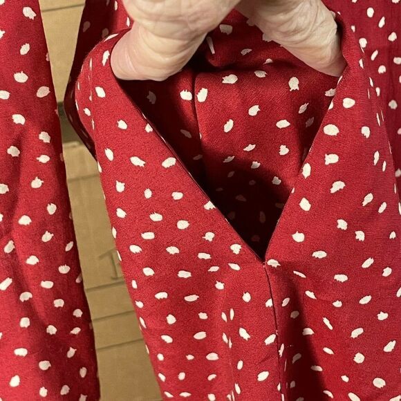 CHAUS Petite Vintage 80s Dress 4 Rayon Belt Pockets Red White Print Button Front - Picture 6 of 10